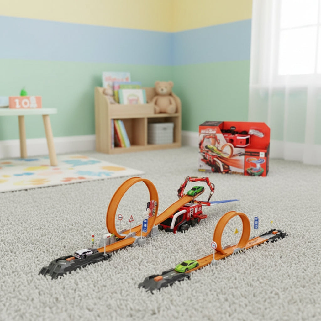 Toy construction set with tracks and vehicles on a carpeted floor in a child's room.