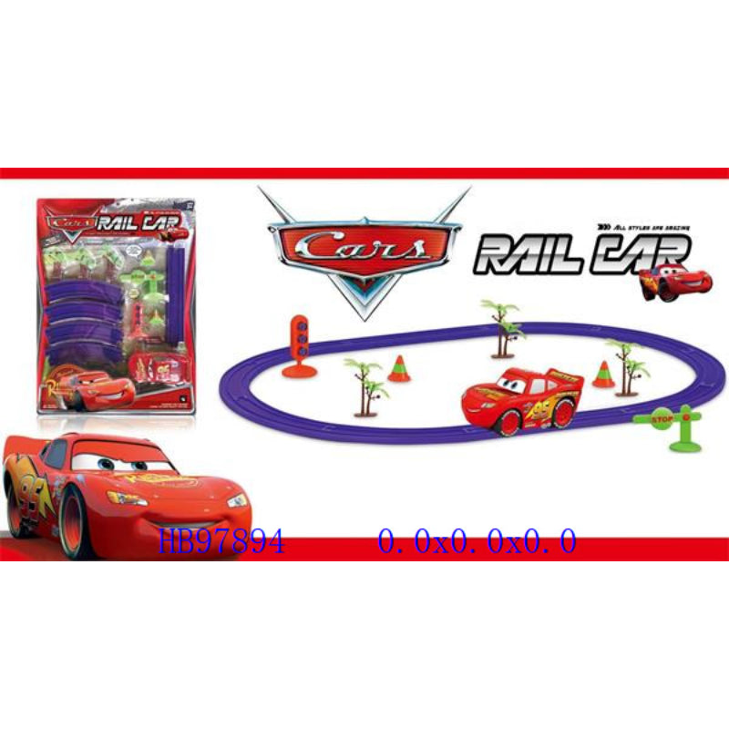 Toy car set with track and packaging featuring Disney Cars branding on a white background.