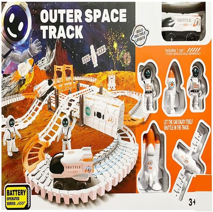Outer Space Track toy set packaging with space-themed elements and shuttle model.