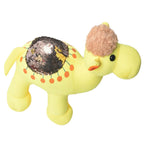 Yellow toy resembling a giraffe with a sequined shell on a white background