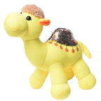 Yellow plush camel toy with a sequined saddle on a white background