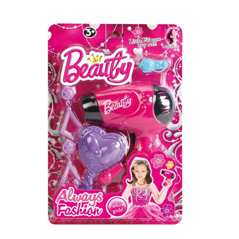 Toy hair dryer set with packaging featuring the brand 'Beauty' on a white background.