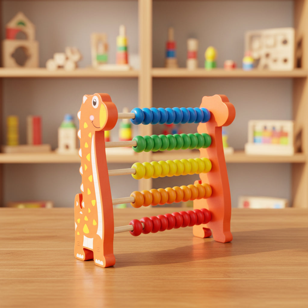 Colorful wooden abacus toy shaped like a giraffe on a wooden surface with shelves of toys in the background.
