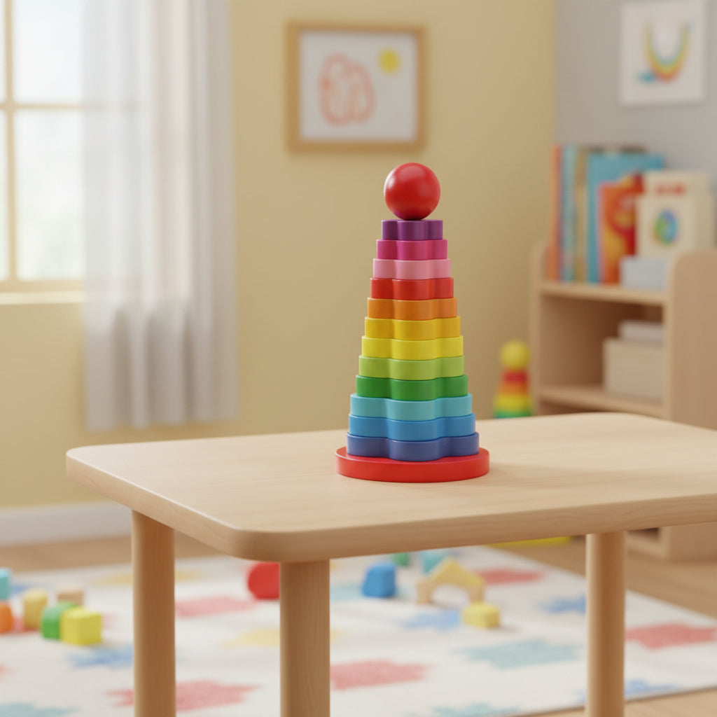 Colorful stacking toy on a wooden table in a child's room with books and toys in the background.