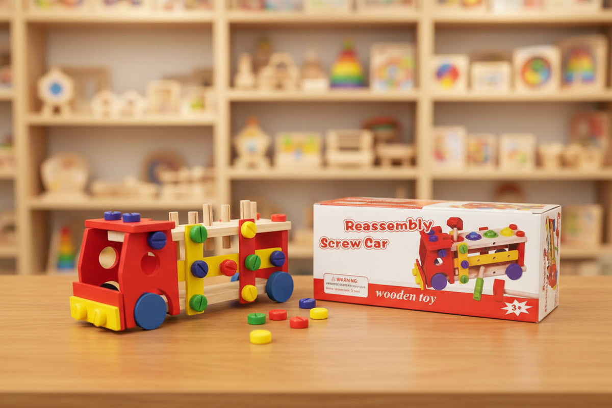 Colorful wooden toy car with scattered pieces on a table, next to its packaging box.
