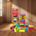 Colorful Jenga blocks on a wooden floor with the Jenga box in the background.