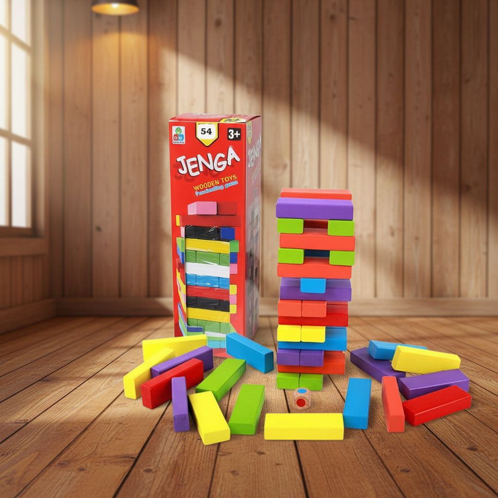Colorful Jenga blocks on a wooden floor with the Jenga box in the background.