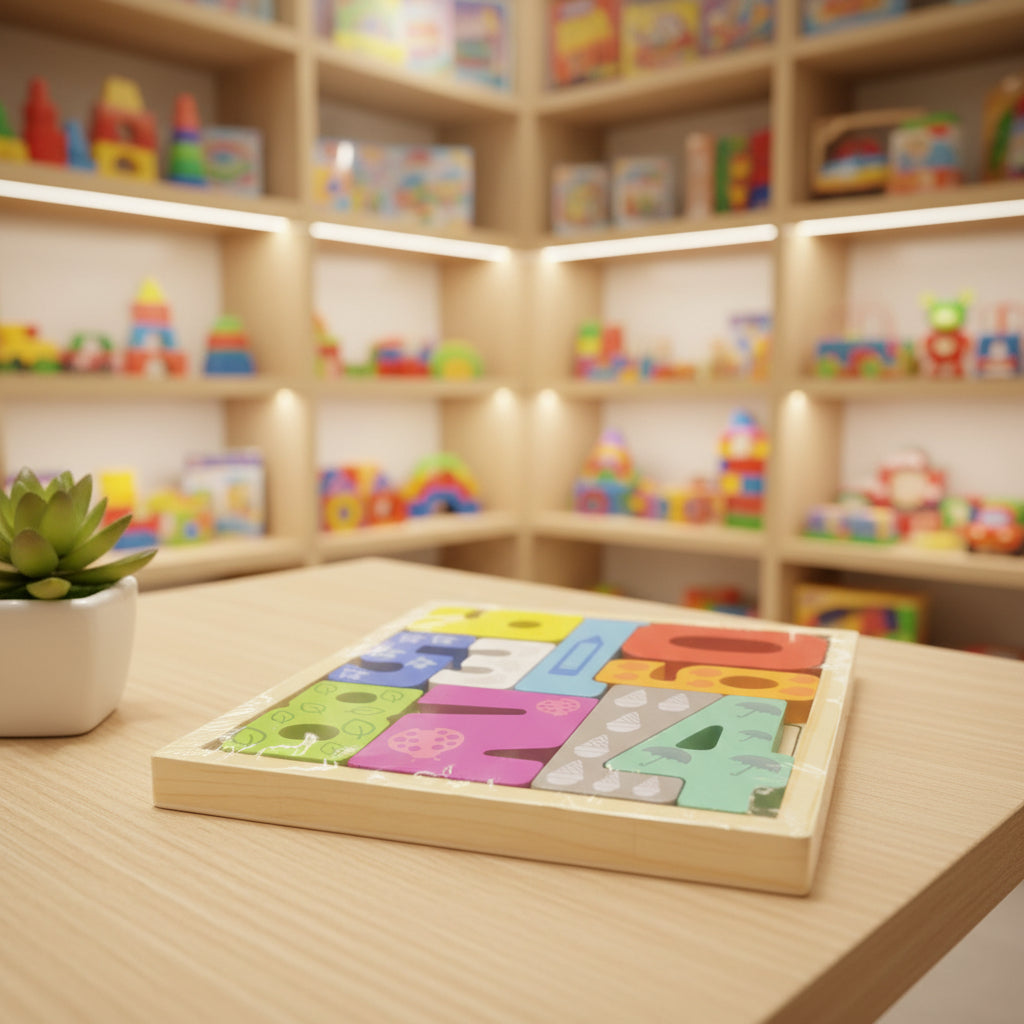 Colorful wooden puzzle on a table with shelves of toys in the background