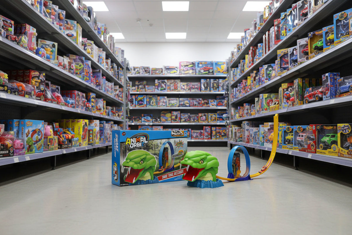 Toy aisle with shelves stocked with various toys, featuring a toy snake on the floor.