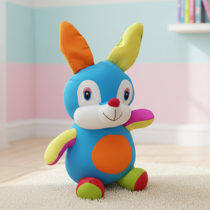 Colorful plush toy with rabbit-like design on a carpeted floor.