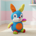 Colorful plush toy with rabbit-like design on a carpeted floor.