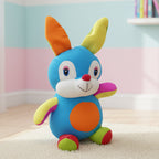 Colorful plush toy with rabbit-like design on a carpeted floor.