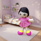 Plush toy character in a child's bedroom with a bed and shelves in the background