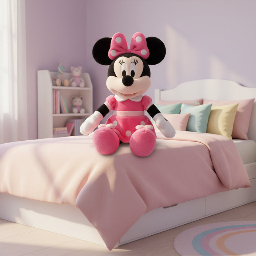Plush toy resembling a famous animated character on a bed in a child's room.