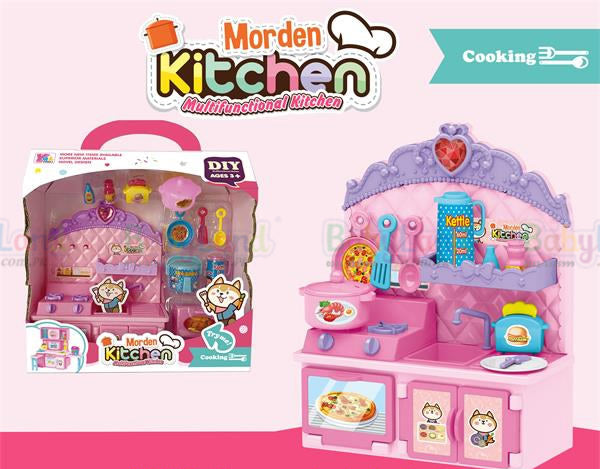 Toy kitchen set with packaging labeled 'Morden Kitchen' on a white background.