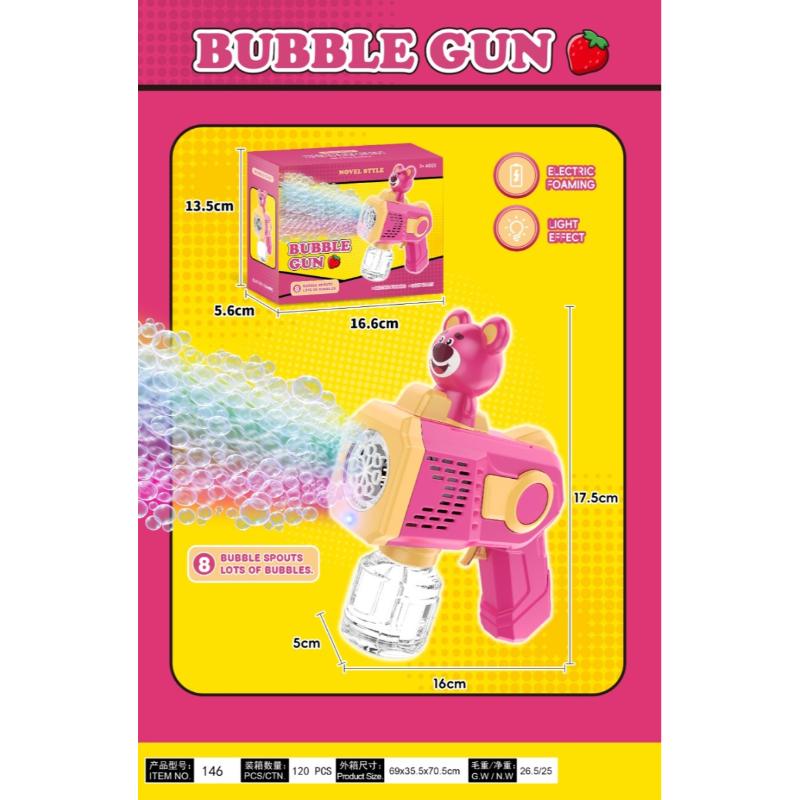 Product packaging for an electric bubble gun toy, featuring a pink and yellow design with the product photo, dimensions, bubble stream illustration, and retail box on a bright pink and yellow background.