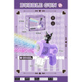 Purple cartoon bubble gun toy with dimension labels, bubble stream graphic, packaging box, and feature icons on a lavender background.