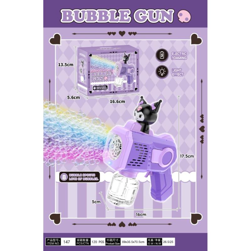 Purple cartoon bubble gun toy with dimension labels, bubble stream graphic, packaging box, and feature icons on a lavender background.