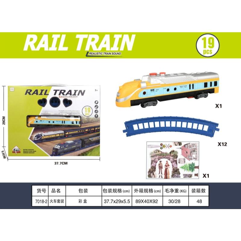 Toy train set packaging and contents on a white background with a green header reading 'RAIL TRAIN'. The set includes a yellow, blue, and white train car, a blue curved track piece, a small scenery piece, and accessories.