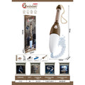 Bubble Magic Rocket Launcher set with a brown and white rocket wand, white bubble wand, packaging box, and various accessories, shown with dimensions and feature icons on a white background.