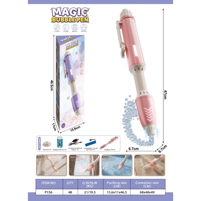 A product infographic for a Magic Bubble Pen, showing the pink and white bubble pen, its retail packaging, dimensions, and small demonstration photos of the pen being used to create bubbles in water.