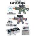 A product infographic for a toy 'Power Gun Super M416' water gun. The image features two colorful, graffiti-patterned toy guns with black scopes, accompanied by text describing features like 'Manual Continuous Sending' and '2 in 1 Soft Missile Launch Water Bomb Launch'.