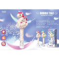 A promotional product graphic for a YHCO Electric Bubble Boy called 'Bubble TALE Rainbow Horse'. The main product is a unicorn-shaped bubble gun with a pink and purple rainbow mane and tail, shown with floating bubbles.