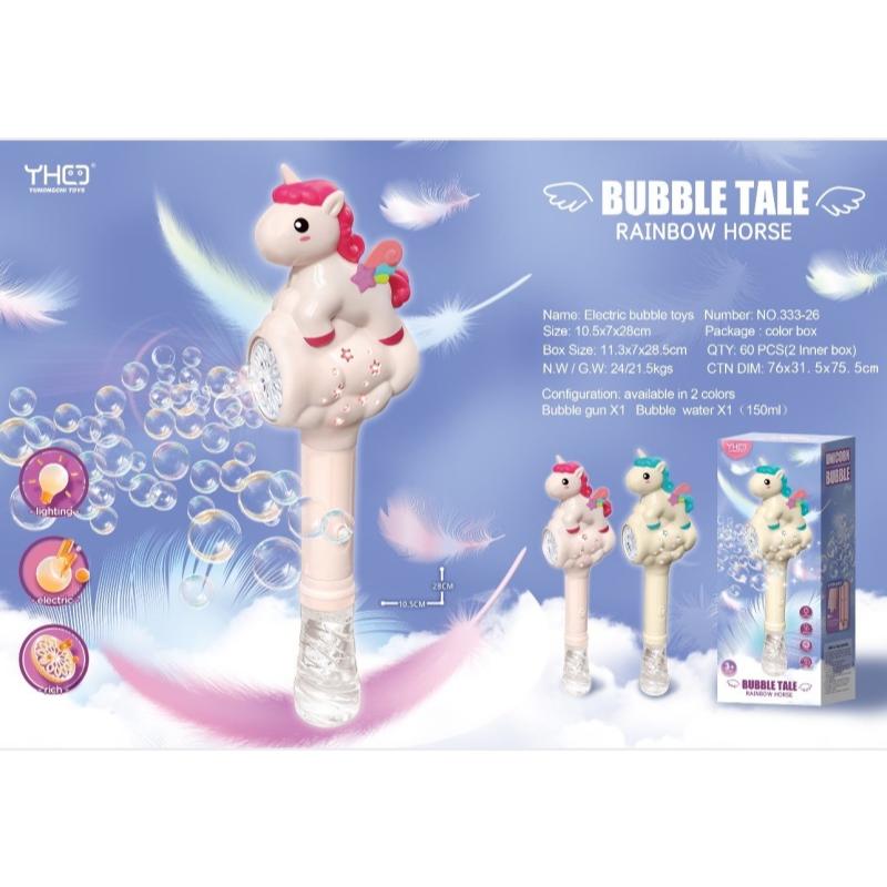 A promotional product graphic for a YHCO Electric Bubble Boy called 'Bubble TALE Rainbow Horse'. The main product is a unicorn-shaped bubble gun with a pink and purple rainbow mane and tail, shown with floating bubbles.
