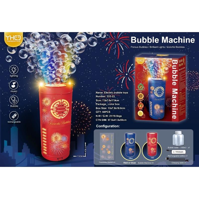 A promotional product graphic for a red cylindrical bubble machine toy with colorful bubbles coming out, shown alongside its retail box. The image includes text describing the product as a 'Bubble Machine,' feature icons on the left, dimensions, and configuration details on a dark blue fireworks-themed background.