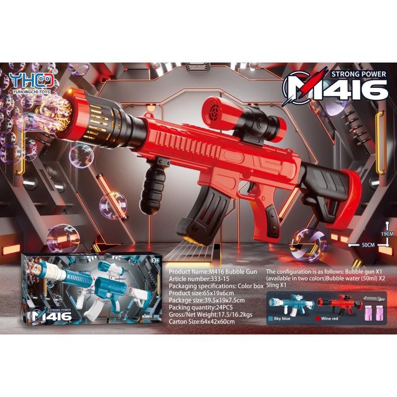 M1416 toy bubble gun packaging and product display on a dark futuristic background. The main subject is a red and black toy blaster with a mounted red bubble cannon, shown prominently across the center.