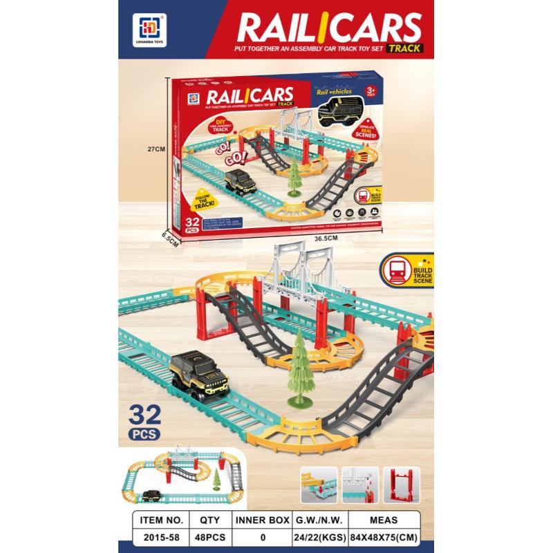 Railicars toy train track set packaging and product display on a light wood background. The box shows the Railicars branding and a train track layout with multiple curves, bridges, and a small train.