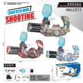 Three handheld electric shooting toy blasters with colorful printed patterns and blue grenade-shaped nozzles, shown on a white background with Chinese text, dimensions, included accessories, and the product box.