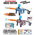 Kriss Vector gel toy blaster set shown on a white background with product graphics, dimensions, included accessories, and packaging. The blaster has a blue and white camouflage body with an orange barrel and a bright blue gel projectile launcher.