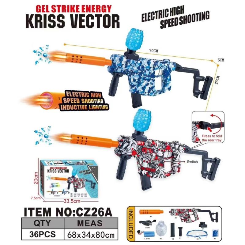 Kriss Vector gel toy blaster set shown on a white background with product graphics, dimensions, included accessories, and packaging. The blaster has a blue and white camouflage body with an orange barrel and a bright blue gel projectile launcher.