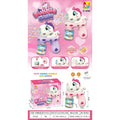 A children's bubble gun toy shown on its retail card and packaging, featuring a cartoon animal design in pink, purple, and white. The packaging includes product photos, feature callouts, dimensions, and a measurement table at the bottom.