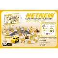 Netnew Construction Truck Set toy packaging and product display on a yellow and white background, showing the assembled track with vehicles and accessory diagram.