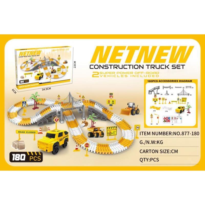 Netnew Construction Truck Set toy packaging and product display on a yellow and white background, showing the assembled track with vehicles and accessory diagram.
