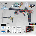A toy shooting gun set shown on a light gray background with product dimensions, accessory icons, and packaging. The main product is a black toy blaster with a colorful red, orange, and silver graphic pattern, a clear water bottle reservoir, and a transparent projectile.