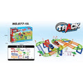 TPACK Racing toy track set shown with its retail box, a parts diagram inset, and a fully assembled multi-lane racetrack with toy cars on a light blue gradient background.
