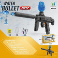Black plastic toy water bullet gun with a blue transparent water bottle nock, shown with product details, accessories, packaging, and dimensions on a white and yellow graphic background.