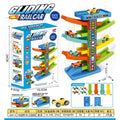Toy gliding rail car set shown with its retail box, assembled multi-level car track, accessory pieces, dimensions, and a quantity table on a white background.