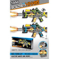 Product packaging and illustrations for a toy electric music gun set, showing two colorful gun-shaped toys with soldiers, a box, and size/feature callouts on a white background.