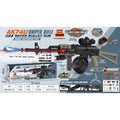 AK-74U Sniper Rifle Water Bullet Gun toy set packaging and product display on a white background, showing the black and tan toy rifle, water bullet effect, included accessories, dimensions, and feature callouts.