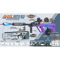 Aug sniper rifle water bullet gun toy with a purple and blue gradient body, shown with product specifications, dimensions, and packaging on a light blue and gray background.