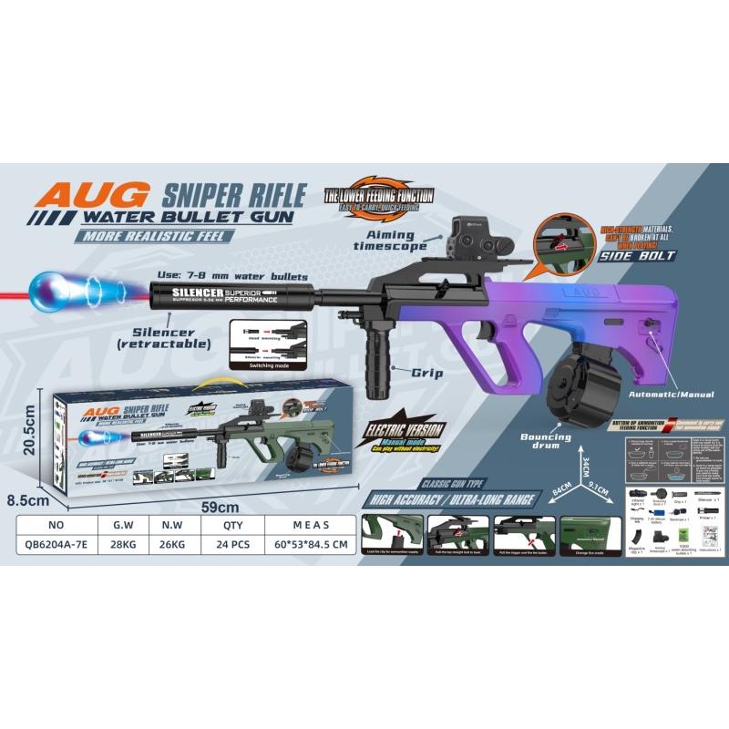 Aug sniper rifle water bullet gun toy with a purple and blue gradient body, shown with product specifications, dimensions, and packaging on a light blue and gray background.