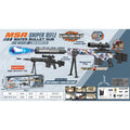 A toy MSR sniper rifle water bullet gun set shown on a blue and gray product information graphic. The main product is a black plastic toy rifle with a scope, magazine, and bipod, alongside a blue and white patterned variant.