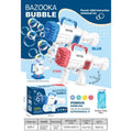 Bazooka Bubble toy set packaging and product display on a light blue background, showing two bubble guns in blue and pink with illustrated bubbles, a small usage diagram, a boxed set, and a quantity table at the bottom.
