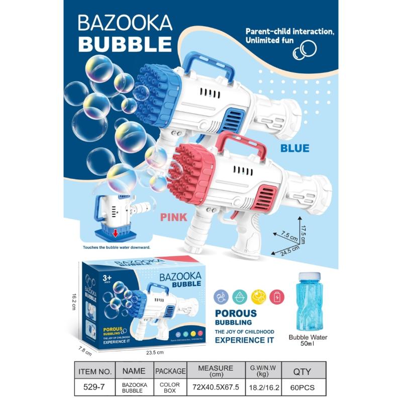 Bazooka Bubble toy set packaging and product display on a light blue background, showing two bubble guns in blue and pink with illustrated bubbles, a small usage diagram, a boxed set, and a quantity table at the bottom.