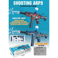 Product packaging and informational graphic for the Shooting ARP9 Electric Gel Ball Blaster. The image features two gel ball blasters shown with exploded views of their internal mechanical parts, a set of accessories, and the product box.
