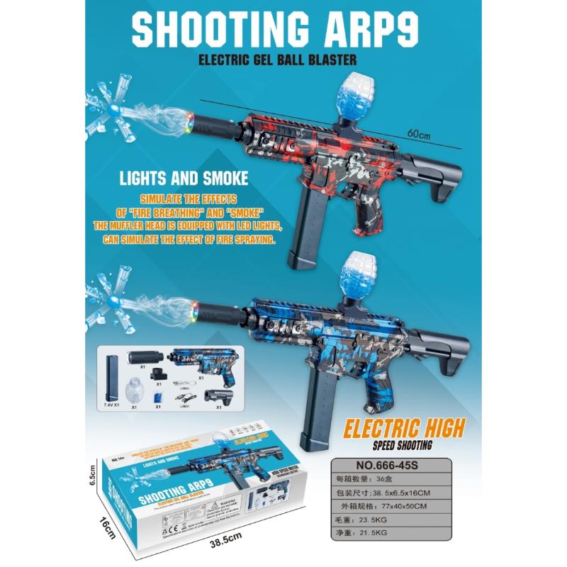 Product packaging and informational graphic for the Shooting ARP9 Electric Gel Ball Blaster. The image features two gel ball blasters shown with exploded views of their internal mechanical parts, a set of accessories, and the product box.